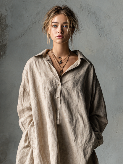 Women's Fashion Loose Cotton And Linen Button Lapel Mini Dress