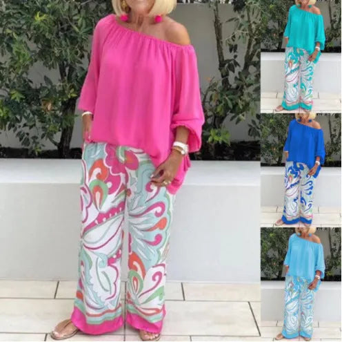 Two-piece set with women's trousers and off-shoulder top