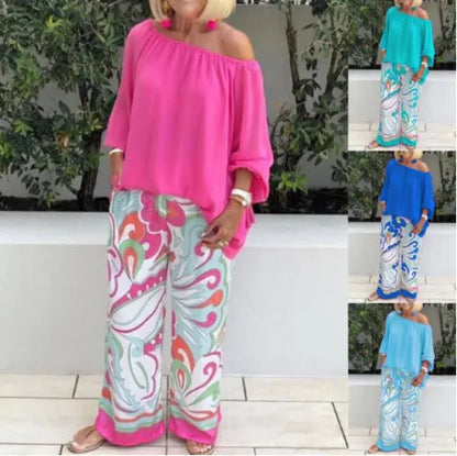 Two-piece set with women's trousers and off-shoulder top