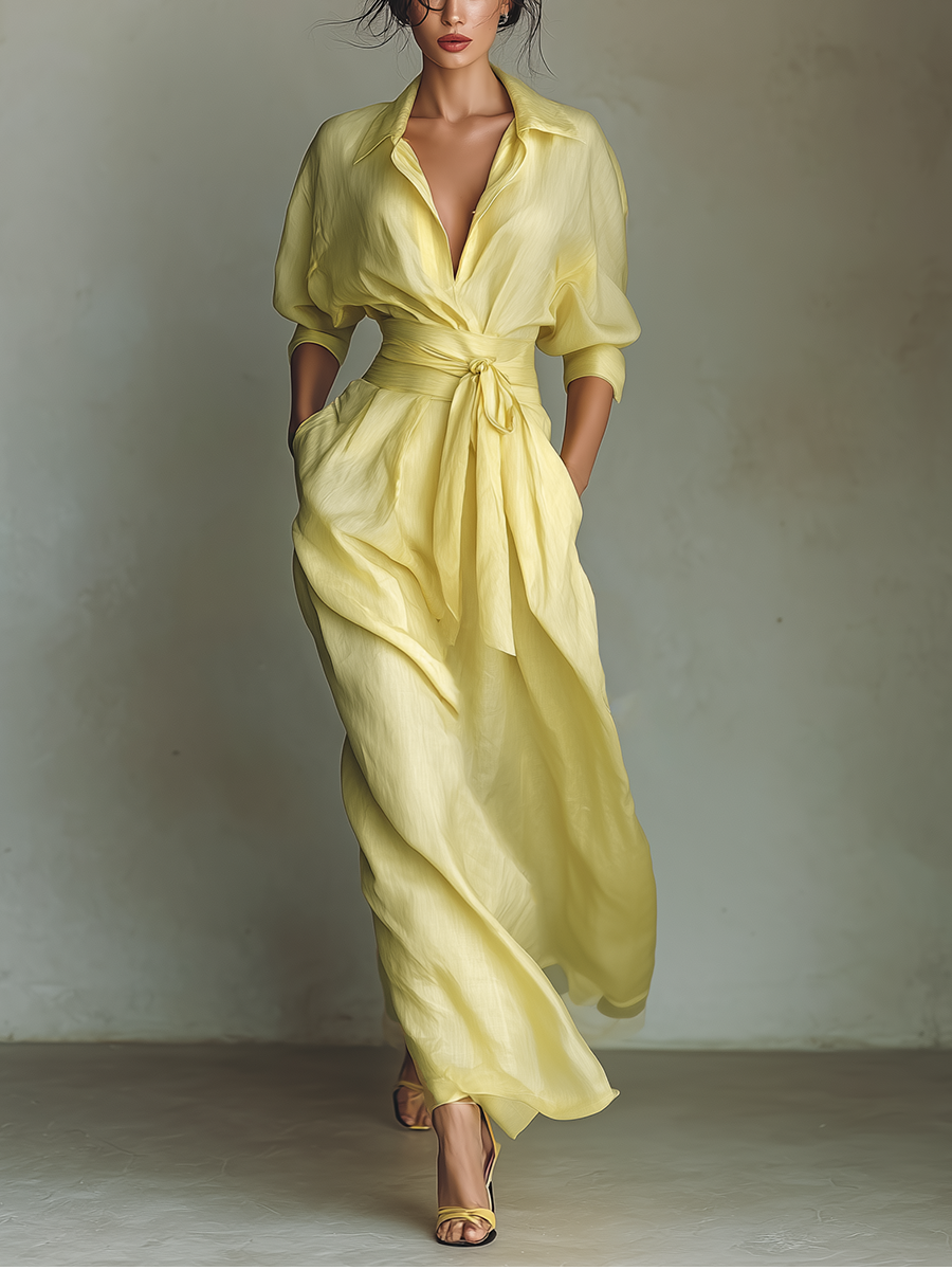 Maxi Shirt Dress for Women in Lemon Yellow with a Tie Belt & Three-Quarter Sleeves