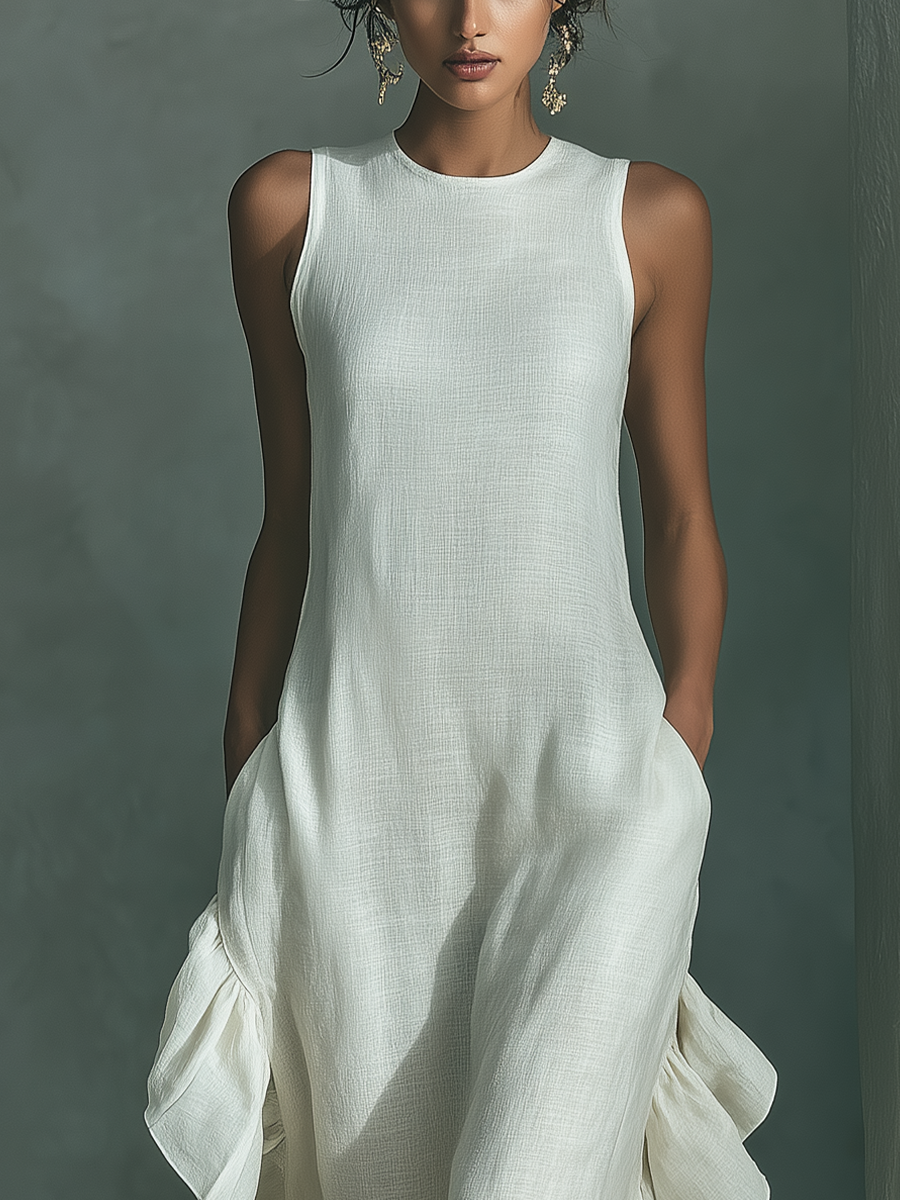 Women's Ivory Linen Fabric Sleeveless Maxi Dress With Round Neck & Ruffle Hem