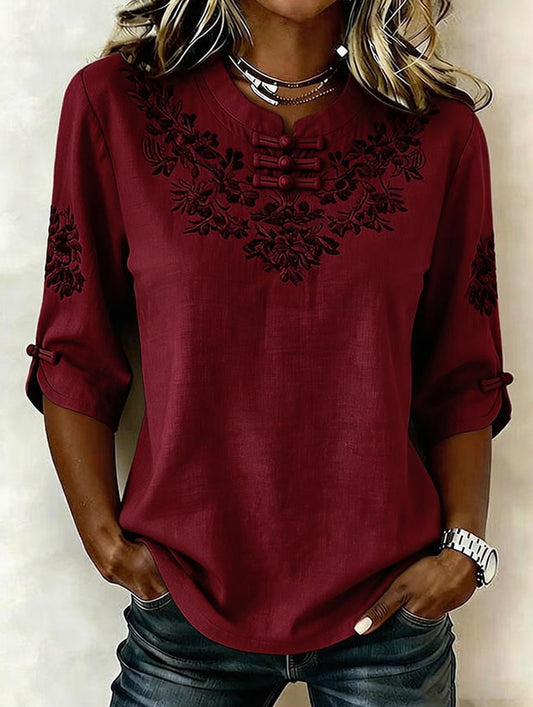 Women's Retro Cotton Linen Flower Green Printing Design Casual T-Shirt