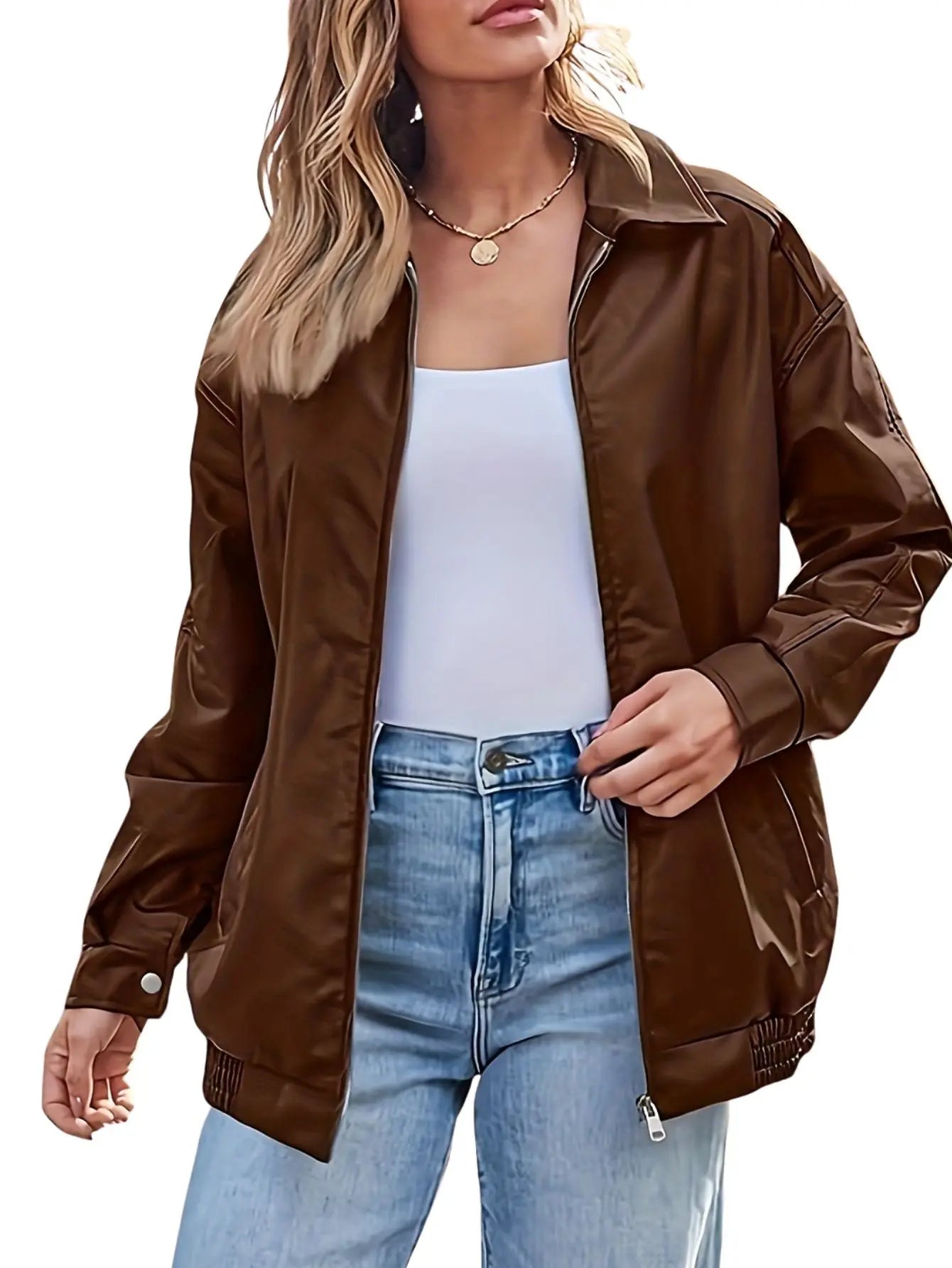 Chaqueta bomber de cuero oversized clásica para mujer