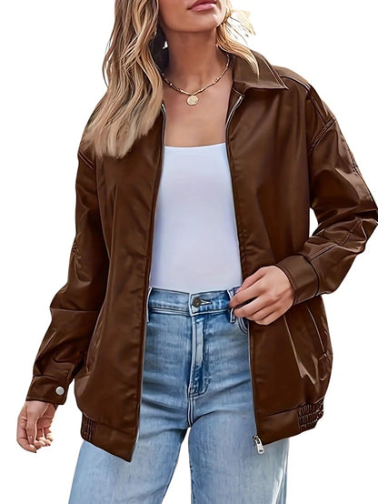 Chaqueta bomber de cuero oversized clásica para mujer