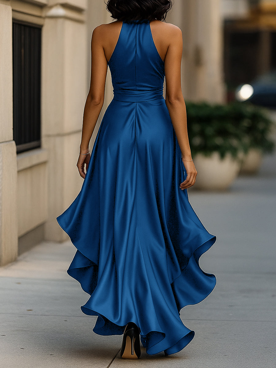 Violet & Grace - Midnight Elegance Satin Halter Ruffle Gown