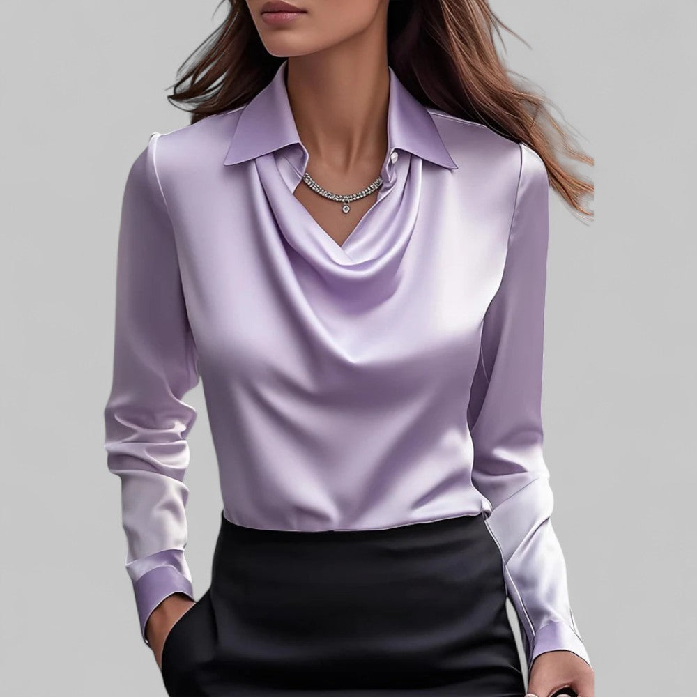 Women’s Draped Neck Long Sleeve Satin Blouses