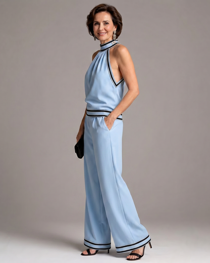 Zephyrine | Contrast Trim Halter Neck Wide Leg Jumpsuit