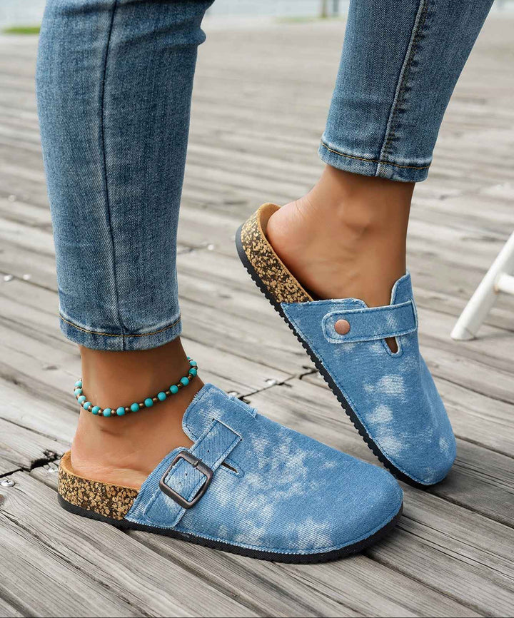 Cork Sole Buckle Slide Slippers