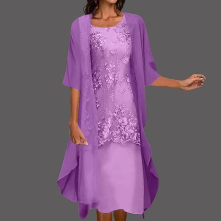 Women's Lace Overlay Two-Piece Midi Dress