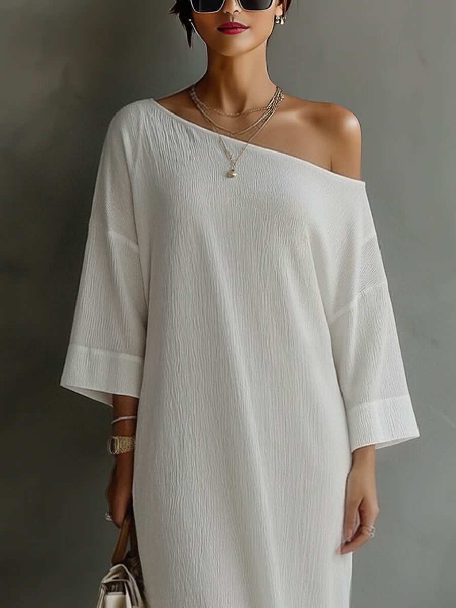 Women's Ivory White Cotton-Linen Blend One-Shoulder Flowing Elegant Dress