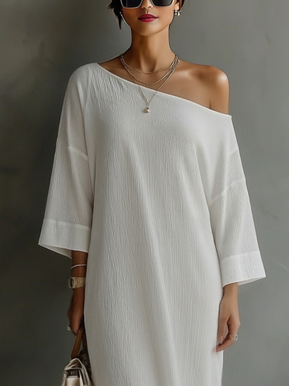Women's Ivory White Cotton-Linen Blend One-Shoulder Flowing Elegant Dress