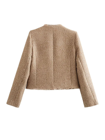 Short Tweed Blazer Jacket with Buttons for Women