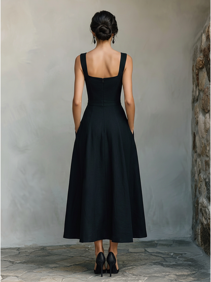 Women's Black Cotton-Blend Maxi Dress With Wide Square Neck Thick Straps & Side Patch Pockets, Minimalist Elegant Formal Swing Dress