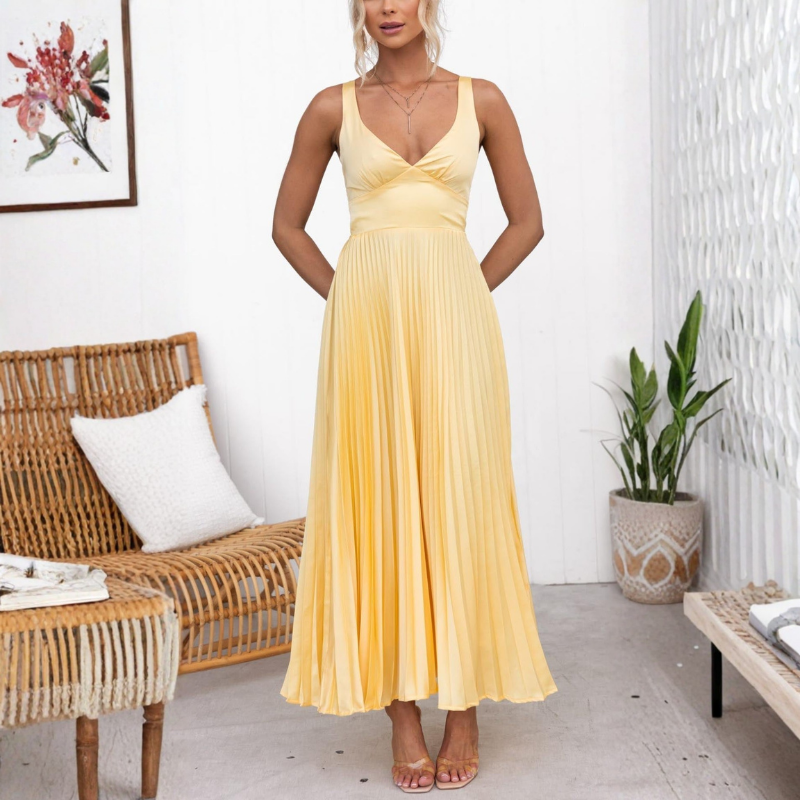 Malka | Pleated V-Neck Maxi Dress
