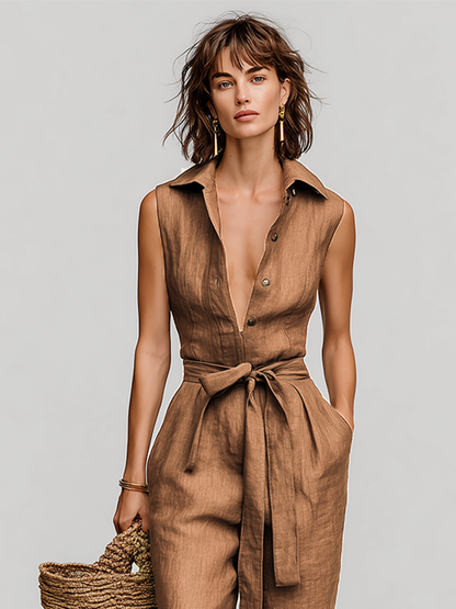 Women's Tobacco Brown Linen Jumpsuit With Self-Tie Waist & Collared V-Neck, Timeless Resort-Casual Style Jumpsuit