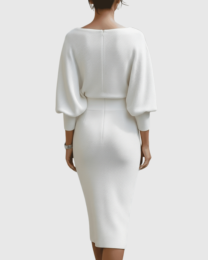 Ismeria | Vestido Midi Blanco Drapeado con Manga Murciélago