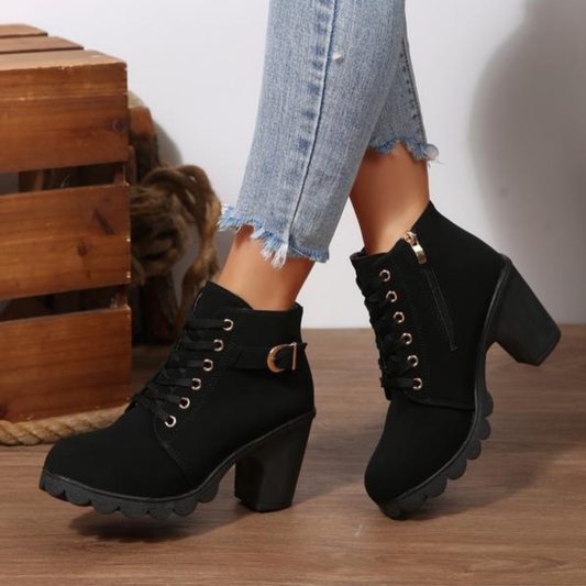KATNI - Chic Lace-Up Metal Buckle Chunky Ankle Boots