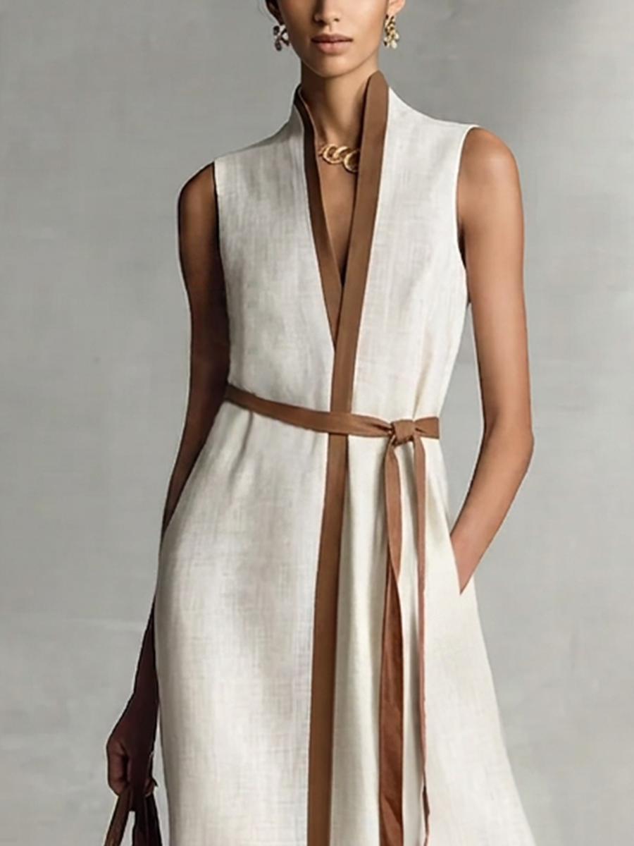 Women's Sleeveless V-Neck Tie-Waist Cotton Linen Maxi Dress