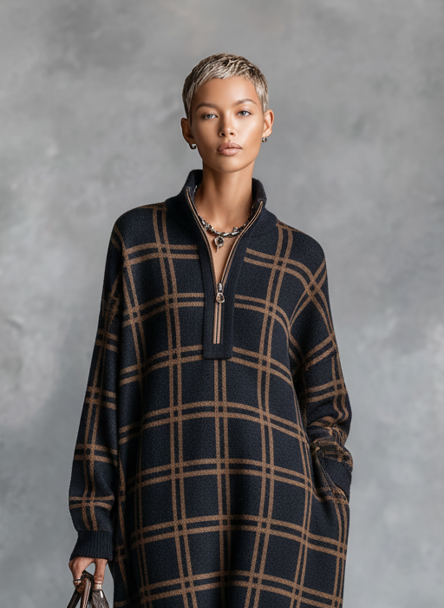 Women's Loose Plaid Zipper Neck Knitted Maxi Dress