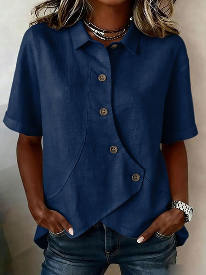 Women'S Cotton And Linen Button Design Casual Lapel Short Sleeved Summer Top