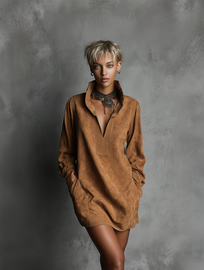 Women's V-neck Suede Embossed Long-sleeved Casual Dress