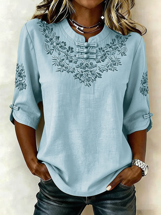 Women's Retro Cotton Linen Flower Green Printing Design Casual T-Shirt