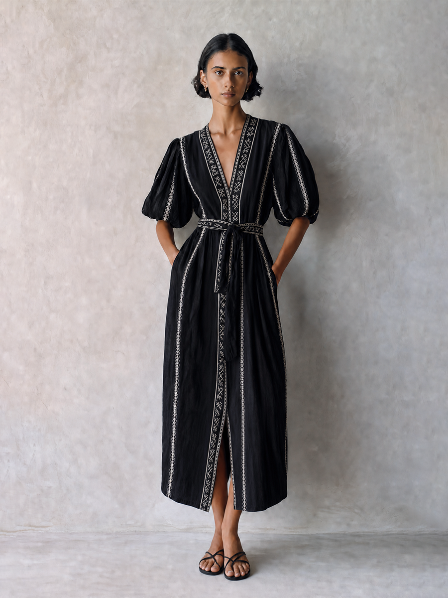 Women's Bohemian Black Cotton Blend V-Neck Puff Sleeve Geometric Embroidery Belted Midi Dress