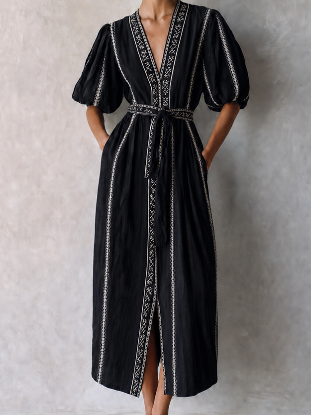 Women's Bohemian Black Cotton Blend V-Neck Puff Sleeve Geometric Embroidery Belted Midi Dress