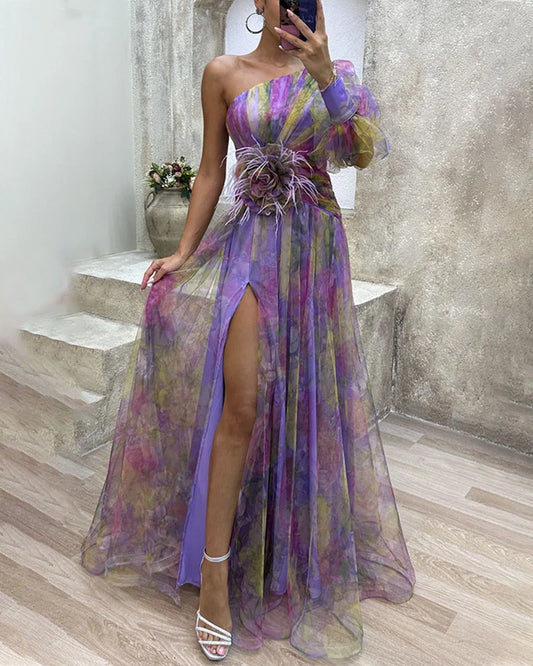 Asymmetrical One Sleeve Split Dress