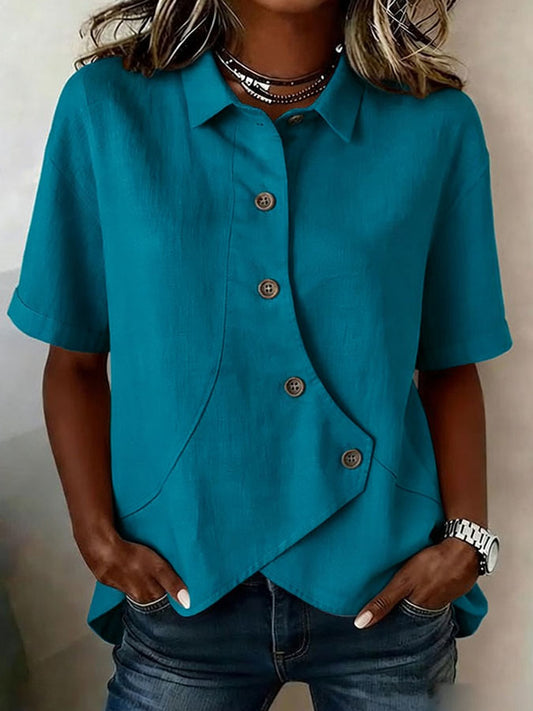 Women'S Cotton And Linen Button Design Casual Lapel Short Sleeved Summer Top