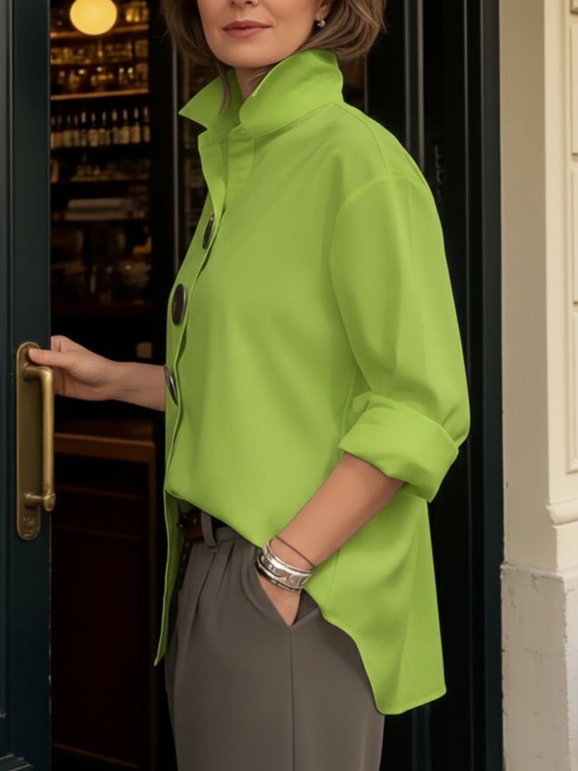 Cotton Linen Blouse with Elegant Collar and Metal Buttons