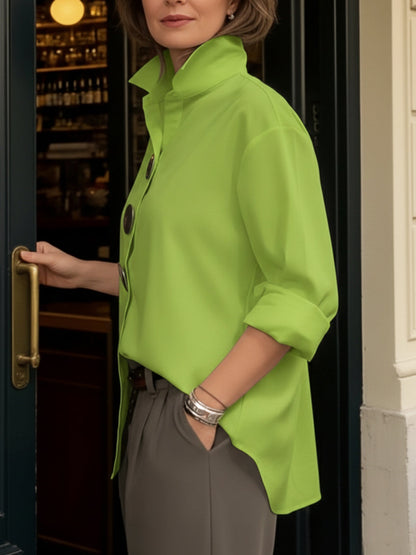 Cotton Linen Blouse with Elegant Collar and Metal Buttons