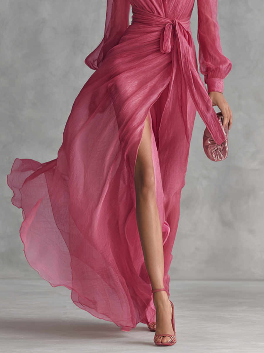 Women's Elegant Rose Pink Pearl Chiffon V-neck Tie-waist Long Dress