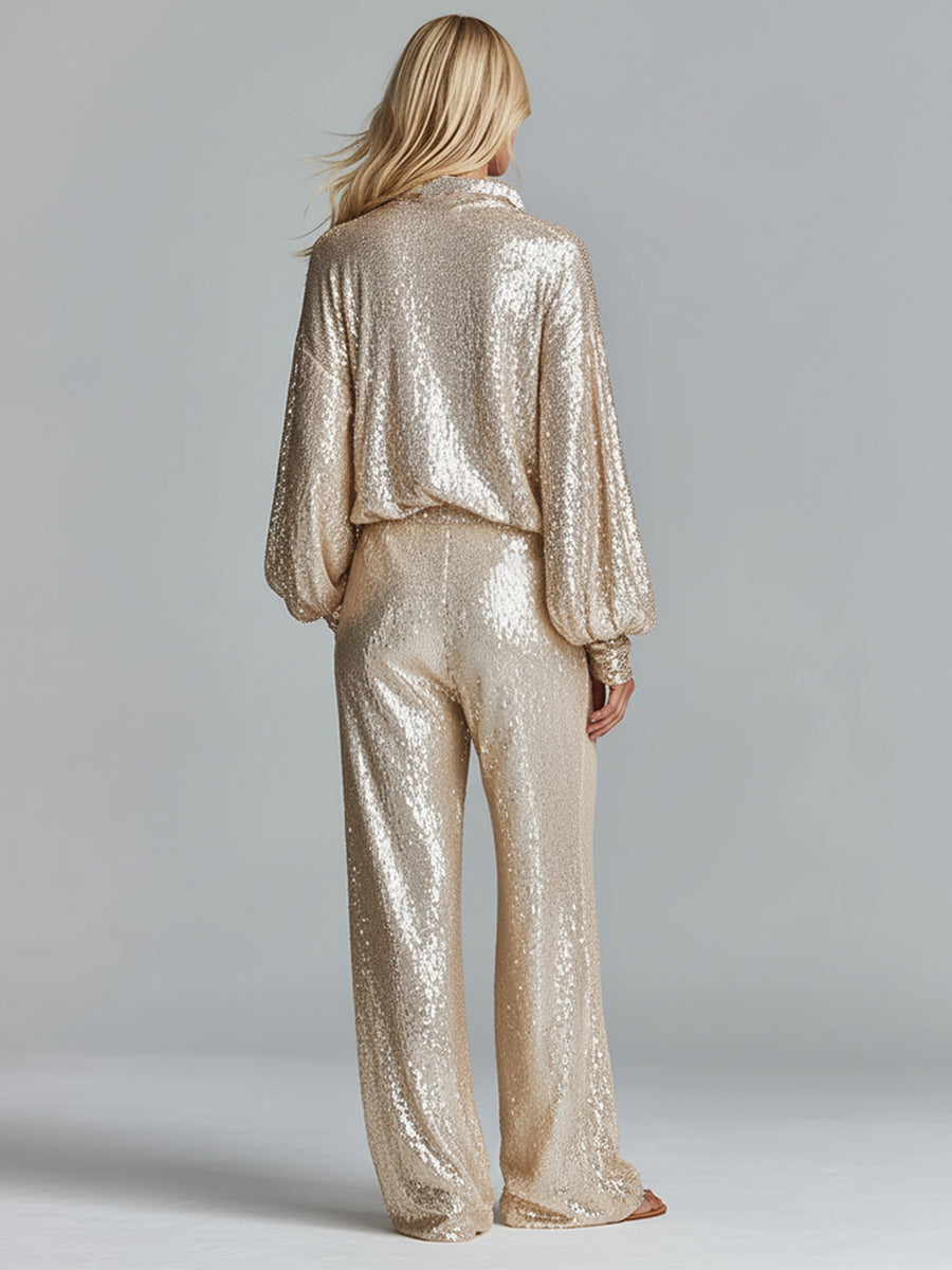 Women's Gold Glamorous Sequin Collared Half - Zip Wide - Leg Loungewear Party Set