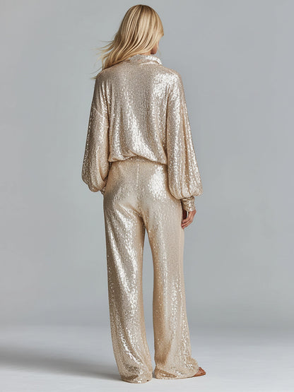 Women's Gold Glamorous Sequin Collared Half - Zip Wide - Leg Loungewear Party Set