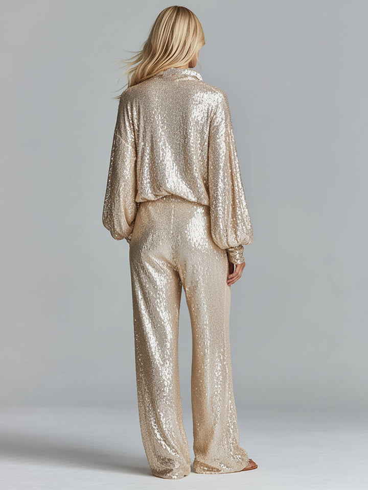 Women's Gold Glamorous Sequin Collared Half - Zip Wide - Leg Loungewear Party Set