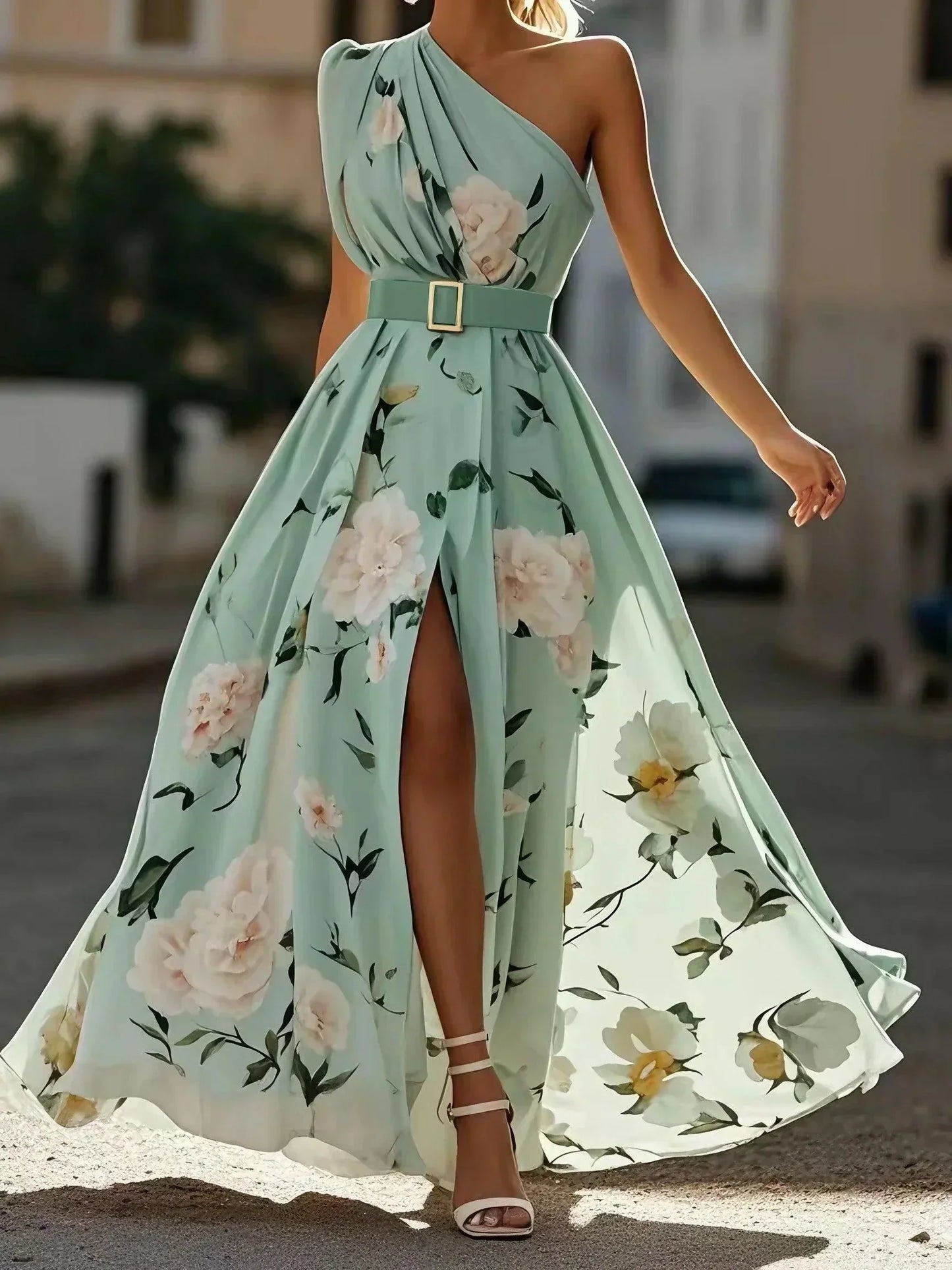 Julie | Light Green Floral One-Shoulder Maxi Dress