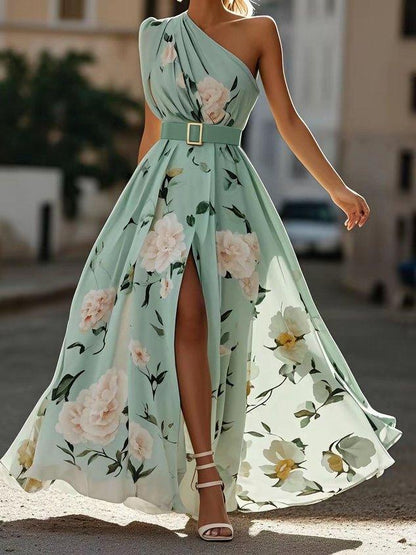 Julie | Light Green Floral One-Shoulder Maxi Dress