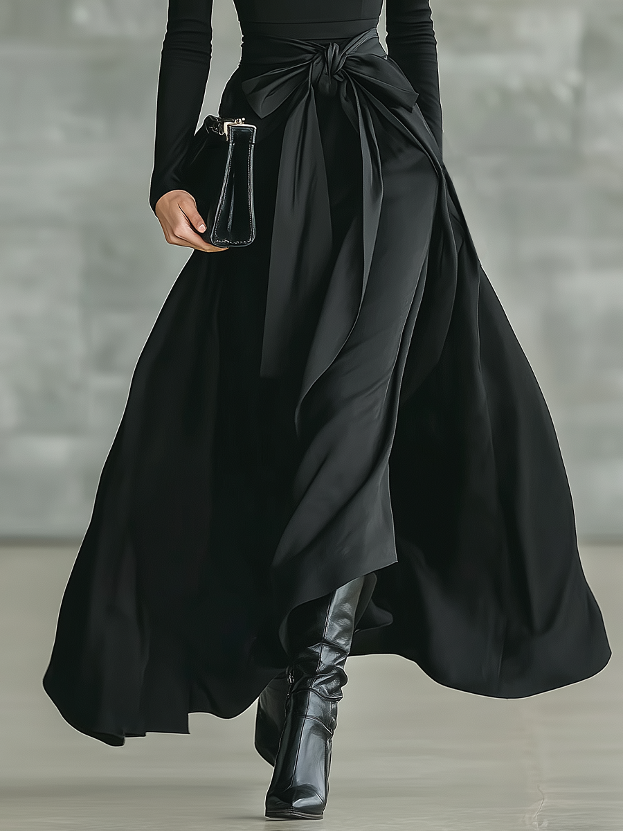Women's Black High-Neck High-Stretch Knitted And Satin Flared Maxi Dress
