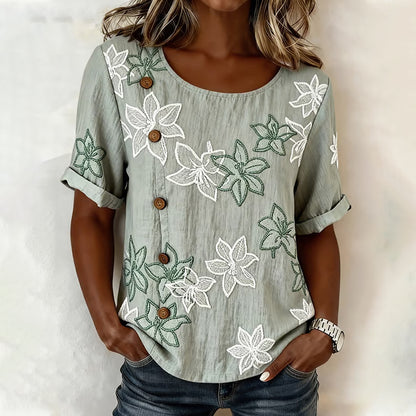 Women'S Button Design Casual Floral Art Short Sleeved T-Shirt