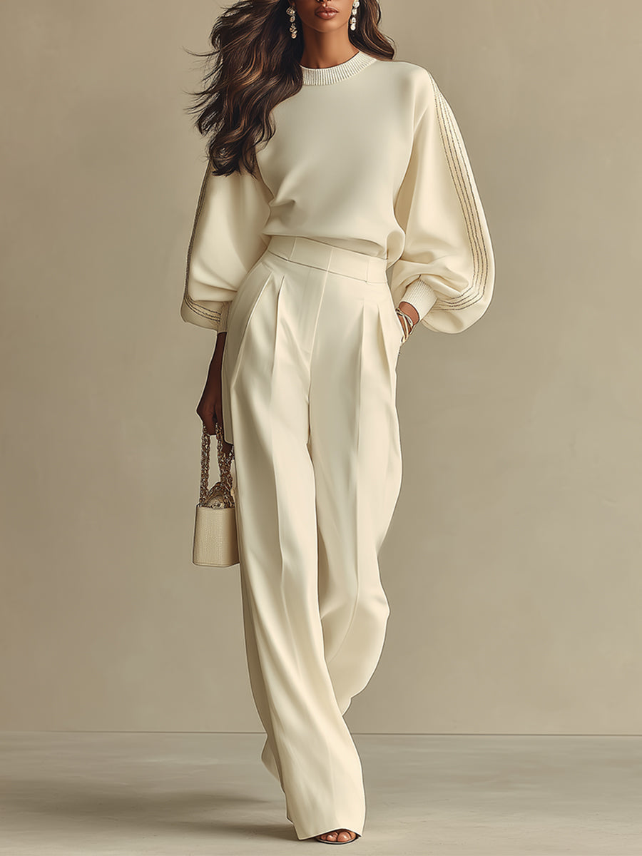 Women's Ivory Textured Set With Ribbed Crew Neck & High-Waisted Bottoms, Modern Sophisticated Style Set