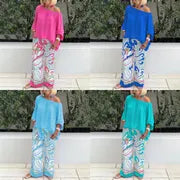 Two-piece set with women's trousers and off-shoulder top