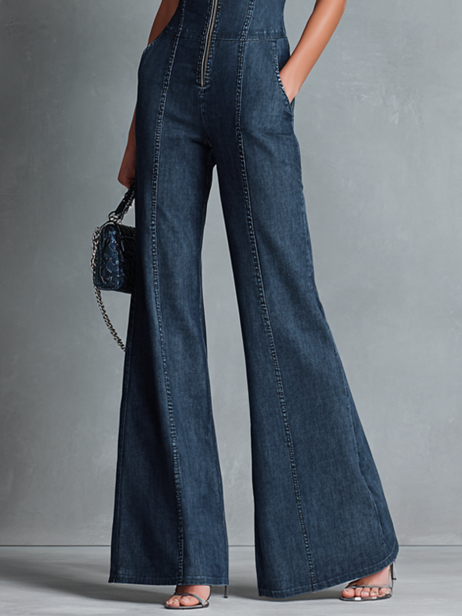 Women's Retro Style Dark Blue Denim Sleeveless High-Neck Flared Jumpsuit With Front Zipper