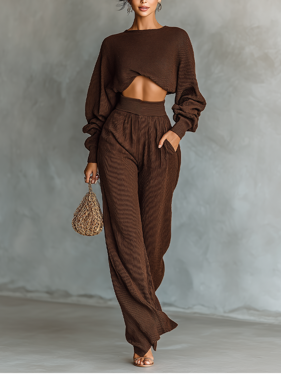 Women's Coffee-colored Short Top And Wide-leg Pants Knitted Set