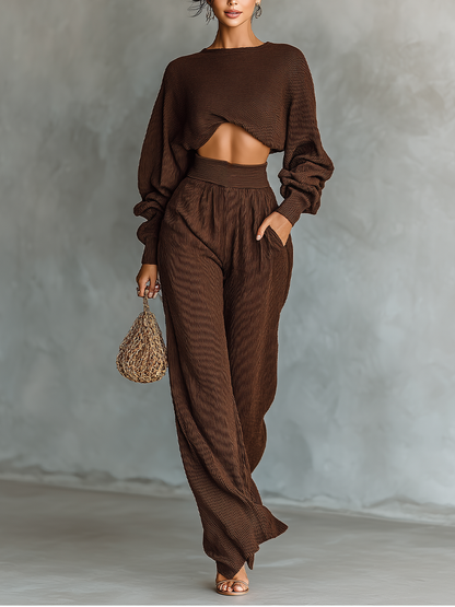 Women's Coffee-colored Short Top And Wide-leg Pants Knitted Set