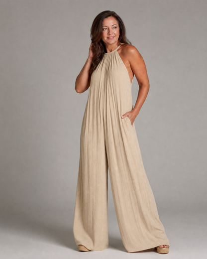 Sylvara | Pleated Halter Neck Wide Leg Relaxed Jumpsuit
