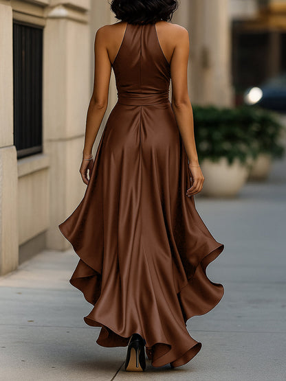 Violet & Grace - Midnight Elegance Satin Halter Ruffle Gown
