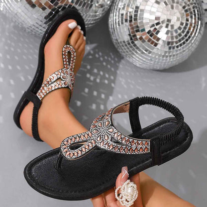 Sandalias planas de dedo con adornos de cristal