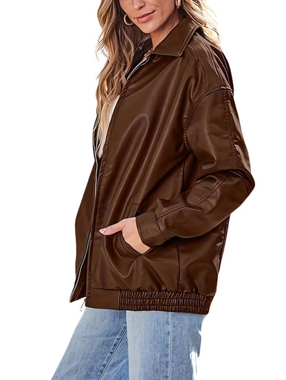 Chaqueta bomber de cuero oversized clásica para mujer