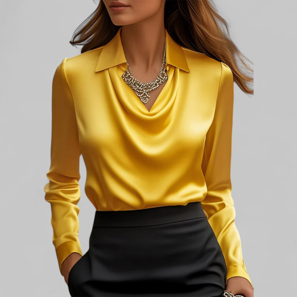 Women’s Draped Neck Long Sleeve Satin Blouses